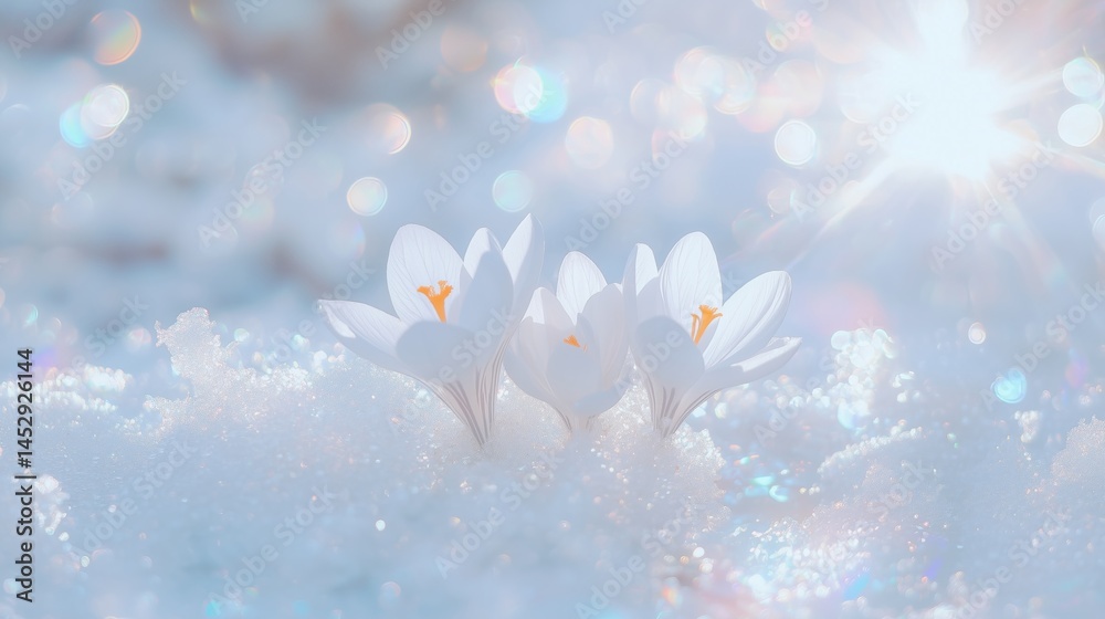 Winter Awakening Close-up of Delicate White Crocus Flowers