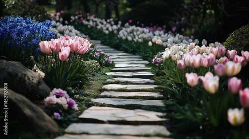 Obraz na płótnie Vibrant Tulip Pathway Through a Lush Spring Garden w salonie