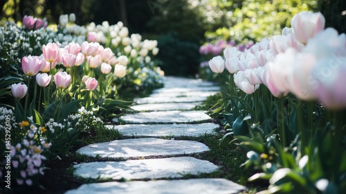 Obraz na płótnie Vibrant Tulip Pathway Through a Lush Spring Garden w salonie