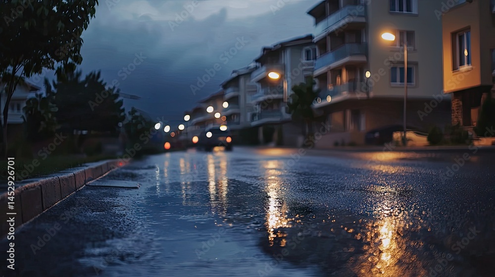 Fototapeta premium Evening city street reflecting lights in rain.
