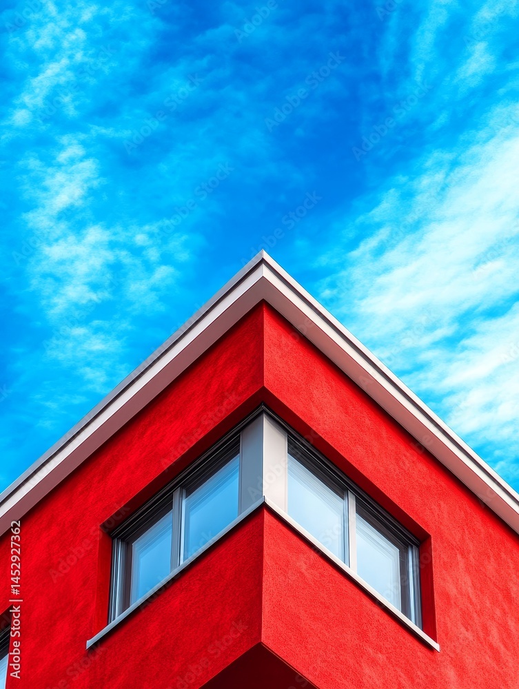 Red Building Corner Against Blue Sky - Low angle view of a vibrant red building corner set against a bright blue sky with fluffy white clouds