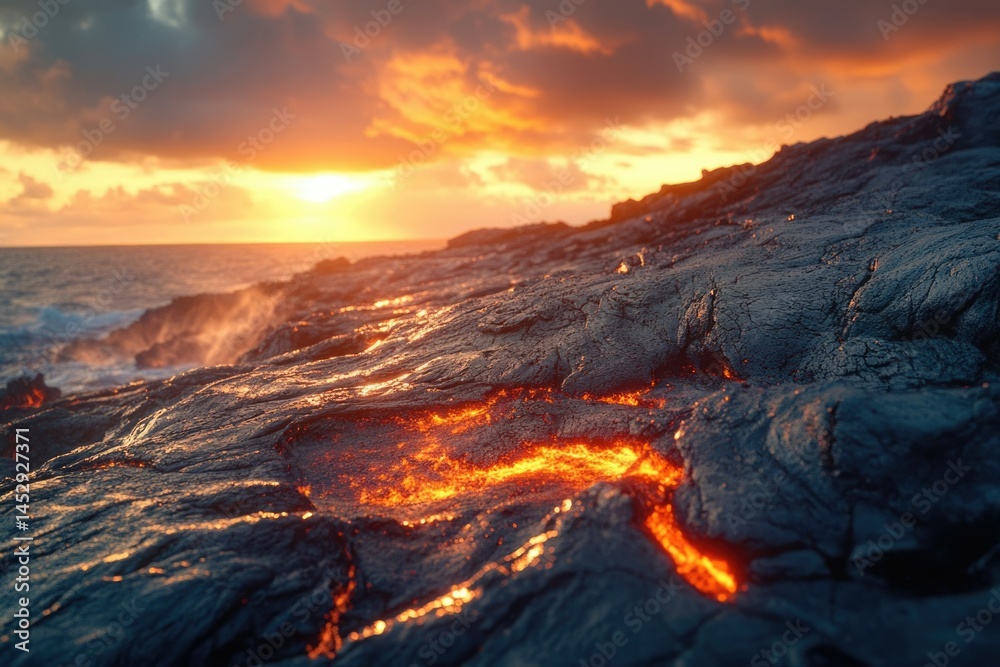 Fototapeta premium Molten lava flows across dark volcanic rock at sunset, meeting the ocean waves.