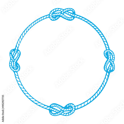 Round frame made of ship rope in blue color. Round border made of braided cord. Vector illustration of frame made of marine knots isolated on white background.