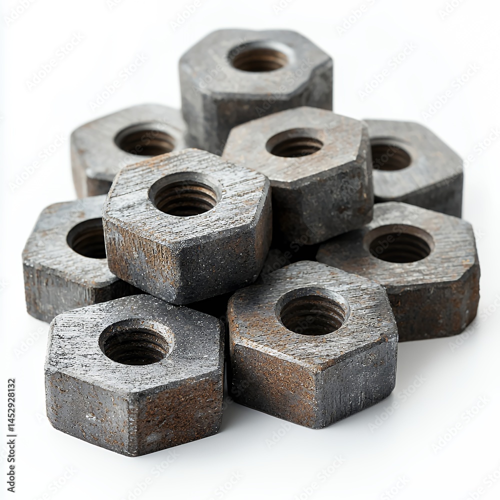 Closeup of Weathered Gray Hexagonal Nuts on White Background Closeup of Weathered Gray Hexagonal Nuts on White Background