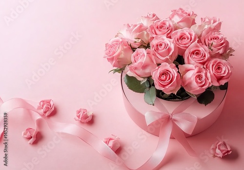 Pink roses in round box with pink ribbon on pink background.