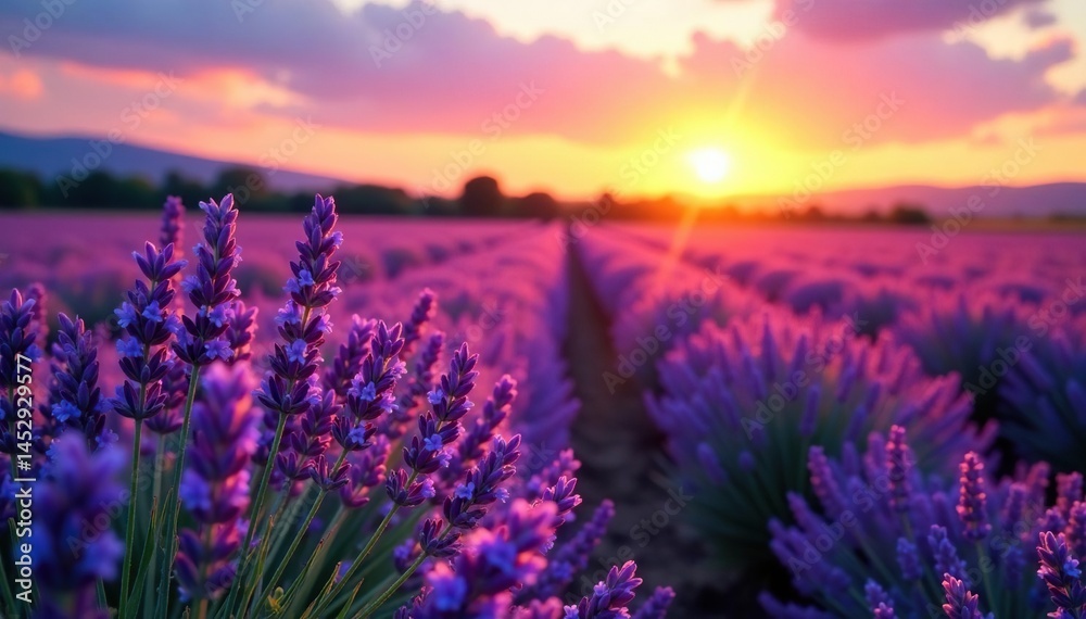 Lavender field sunset glow, vibrant purple blooms, color, background Lavender field sunset glow, vibrant purple blooms, color, background