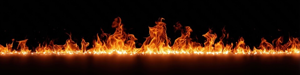 A long line of fire with a black background. The fire is very bright and it looks like it is on fire