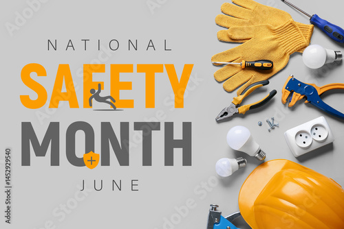 Hardhat and tools on light background. Poster for National Safety Month