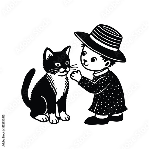 Cat with Hat Being Fed Illustration in Silhouette Style