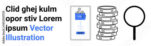 Payment terminal with screen, tall stack of coins, and black magnifying glass. Ideal for finance, transactions, e-commerce, budgeting, analysis, savings digital payment simple landing page