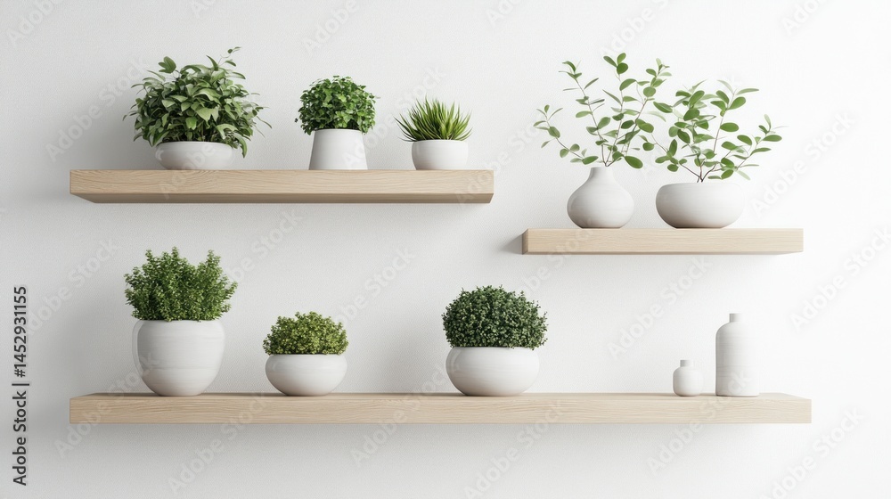 Fototapeta premium Potted plants and vases on wooden shelves minimalist decor