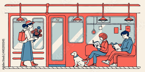 Subway Scene Line Art Graphic featuring People Reading and a Dog	