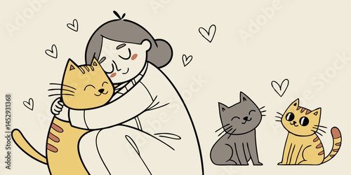 Adorable Woman Hugging a Cat Cute Pet Animal Graphic Design	