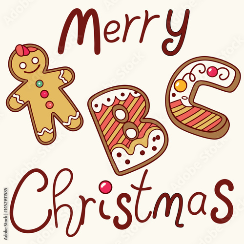 Gingerbread cookie alphabet with icing spells ‘Merry Christmas’ – festive sweet holiday-themed digital design. photo