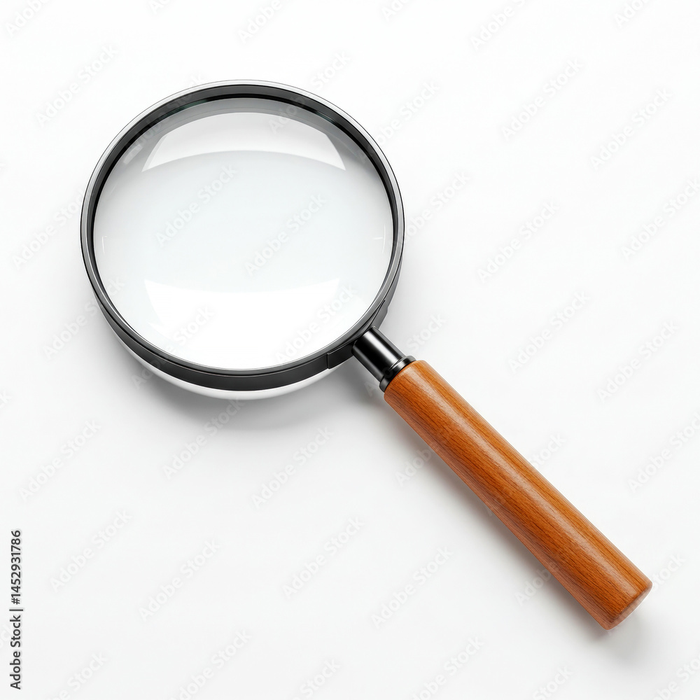 Magnifying glass with wooden handle on white Magnifying glass with wooden handle on white