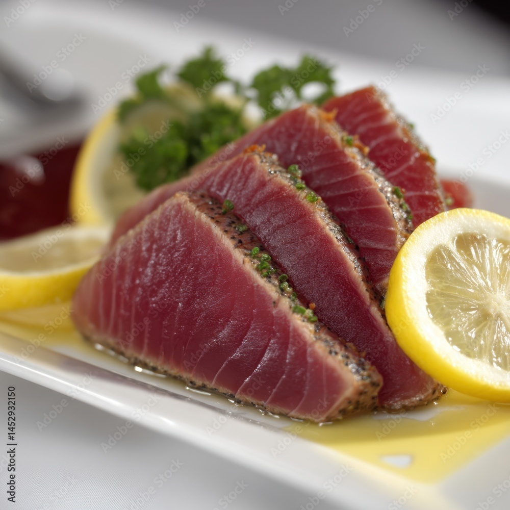 Seared tuna steak slices with lemon and parsley garnish on white plate culinary delight close up shot appetizing presentation gourmet cuisine Seared tuna steak slices with lemon and parsley garnish on white plate culinary delight close up shot appetizing presentation gourmet cuisine