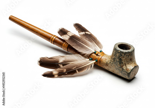 Native American peace pipe on white