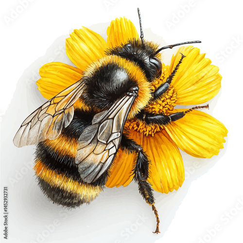 watercolor of Bumblebee Collecting Pollen, vector, isolated on a white background.