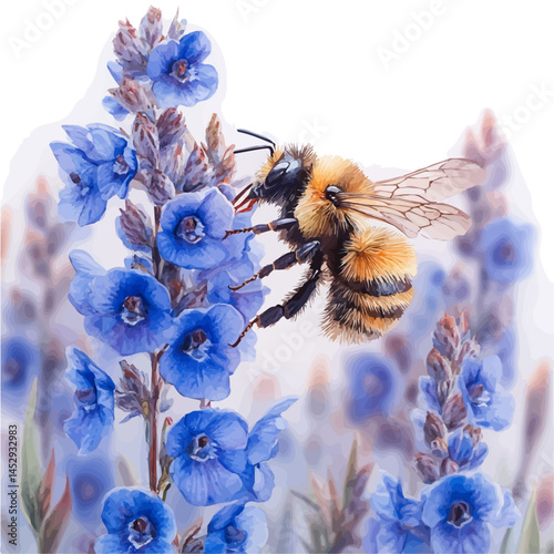 Bumblebee Collecting Pollen, watercolor vector, isolated on a white background.