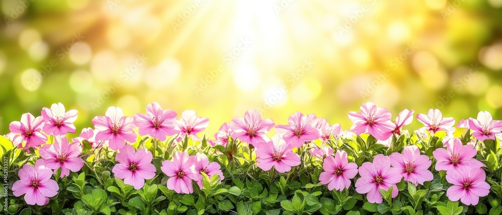 Obraz premium Pink flowers bloom in sunlight, garden background. Spring nature scene for website or card