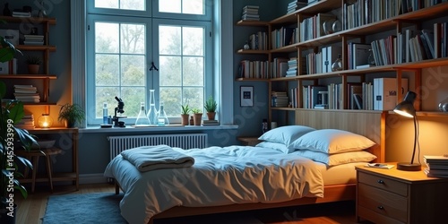 Cozy Bedroom with Study Area at Dusk Lighting