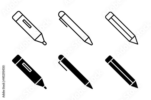 A modern vector icon set featuring pens, pencils, and markers, suitable for writing and drawing designs.