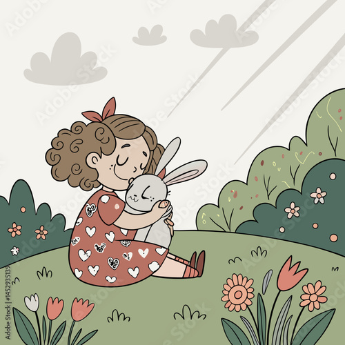 Little girl hugs plush bunny in blooming garden, capturing a sweet childhood moment in springtime.