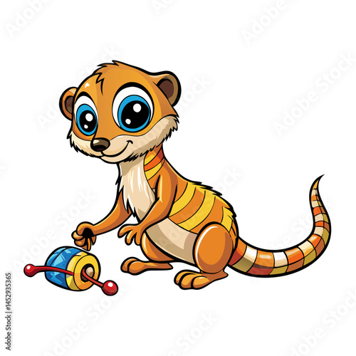 Funny Cartoon Meerkat Having Fun with Toy Vector for Wildlife and Educational Art