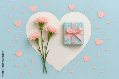 mother's day gift with pink carnations and paper heart on blue background