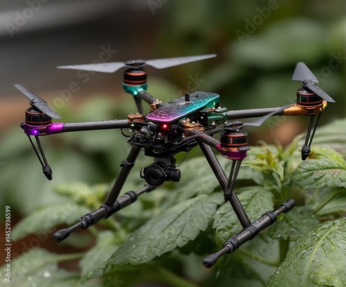 A camera equipped aircraft stands among foliage.