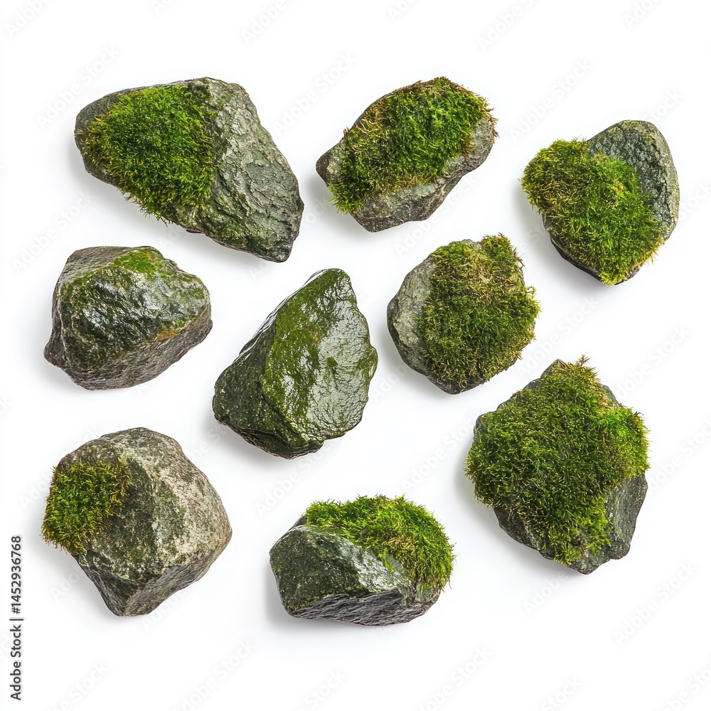 Green moss on rocks isolated on white background Green moss on rocks isolated on white background