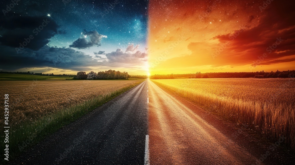 Naklejka premium Dual Worlds: A Journey Through Day and Night on a Country Road