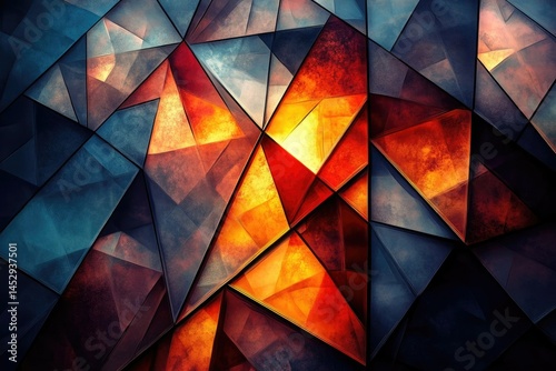 Abstract geometric artwork featuring a mosaic of dark and fiery orange triangles, creating a textured, metallic look.