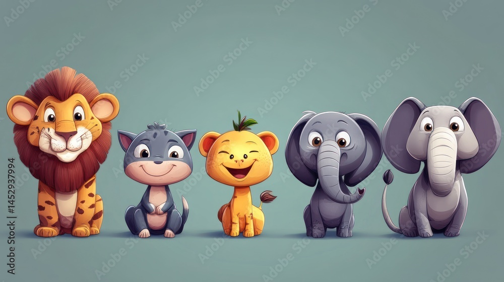Obraz premium Cute cartoon animals, lion, cat, cheetah, and elephant