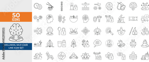 Wellness and Self-Care Line Icons for Mental Clarity, Fitness, Nutrition, Relaxation, Meditation, Stress Relief and Body-Mind Harmony