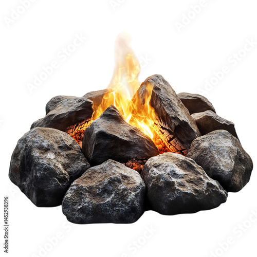 A Campfire Flame Surrounded by Stones Glowing Bright Isolated on Transparent Background