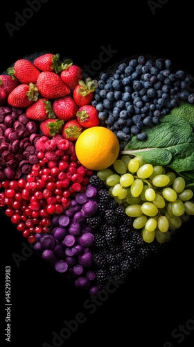 Wallpaper Mural Vibrant heart shaped arrangement of fresh fruits including strawberries blueberries grapes and orange against a dark background creating a visually appealing and healthy composition Torontodigital.ca