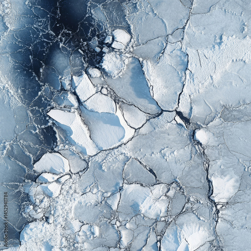 Abstract aerial view of frozen landscapes, ice and snow patterns.