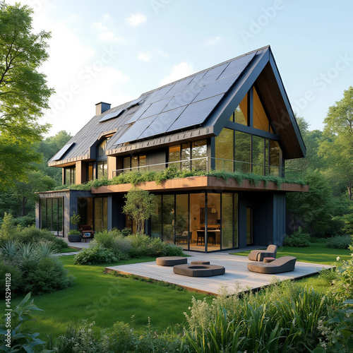 Modern Eco-Friendly House with Solar Panels in Nature, Generate AI