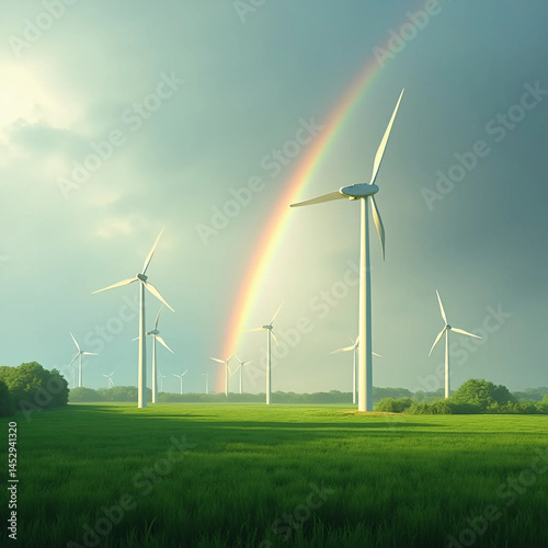 Wind Turbines with Rainbow in Green Field, Generate AI