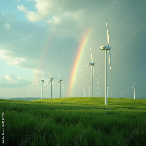Wind Turbines with Rainbow in Green Field, Generate AI