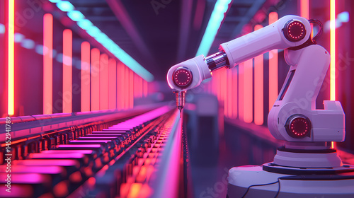A robotic arm operates on an automated production line, illuminated by vibrant pink and purple neon lights.