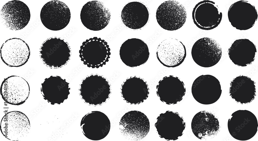 Black ink circular shapes kit. Vector coffee stain rings. Black coffee ring collection. Grungy eroded polka dot pattern with tiny small messy round rubber stamps.