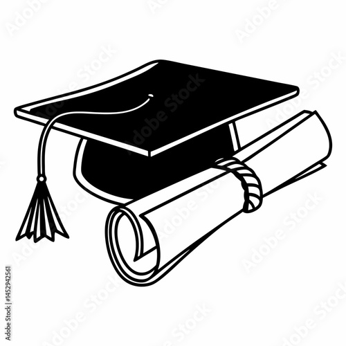 Single Line Art of a Graduation Cap and Diploma, Symbolic of Academic Achievement and Educational Success.