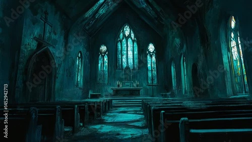 Eerie Teal Gothic Church Interior: An Abandoned Sanctuary
