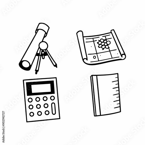 Outline Style Icons of STEM Subjects - Science, Technology, Engineering, Mathematics - for Educational Websites and Infographics.