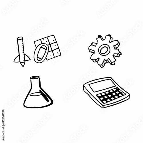 Outline Style Icons of STEM Subjects - Science, Technology, Engineering, Mathematics - for Educational Websites and Infographics.