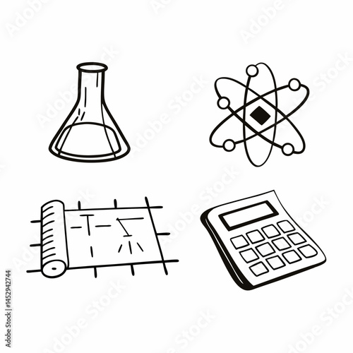 Outline Style Icons of STEM Subjects - Science, Technology, Engineering, Mathematics - for Educational Websites and Infographics.