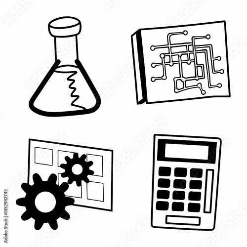 Outline Style Icons of STEM Subjects - Science, Technology, Engineering, Mathematics - for Educational Websites and Infographics.