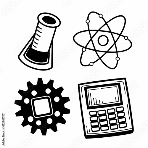 Outline Style Icons of STEM Subjects - Science, Technology, Engineering, Mathematics - for Educational Websites and Infographics.